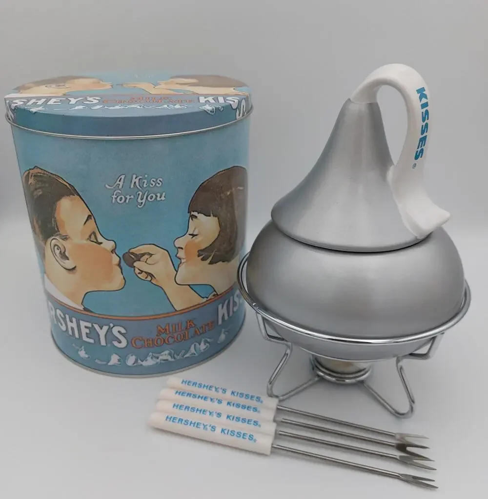 2008 Hershey's Kisses 100th Anniversary Fondue Set Ceramic Silver Pot Tin Forks